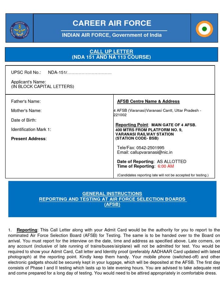 SSB interview documents: Call up letter for AFSB