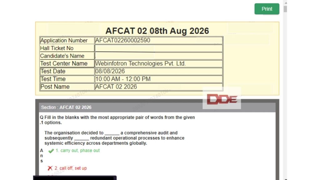 AFCAT score response sheet